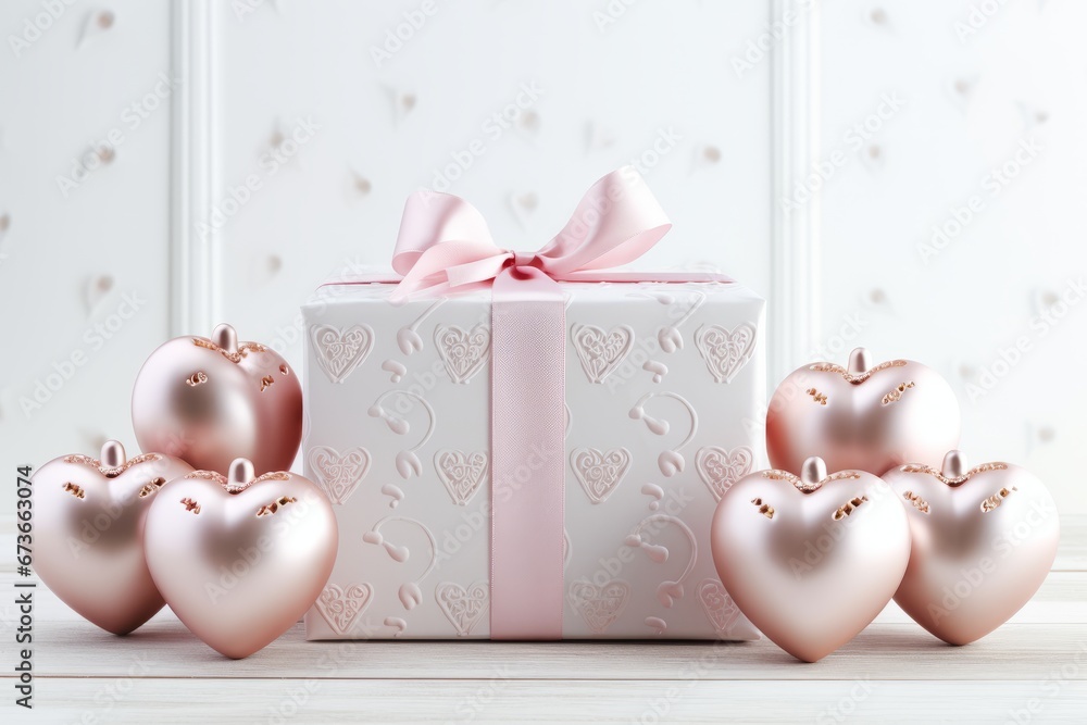 Romantic white room background with balloons, hearts, and gift box holiday greetings Romantic white room background with balloons, hearts, and gift box holiday greetings