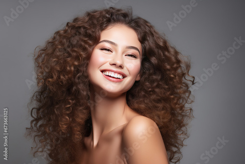Portrait of woman, skincare and beauty cosmetics for shine, wellness or healthy glow on studio background. Happy model with curly beautiful hair smiling on gray background.