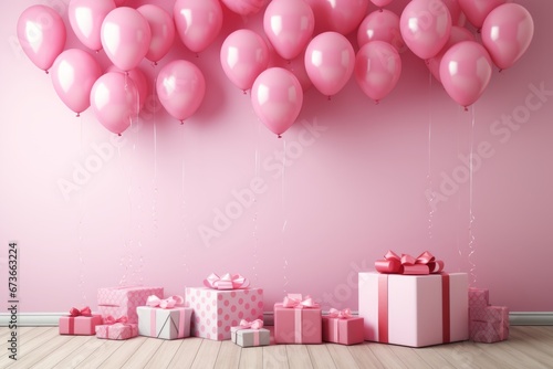 Romantic pink room background with balloons, hearts, and gift box for special occasions.