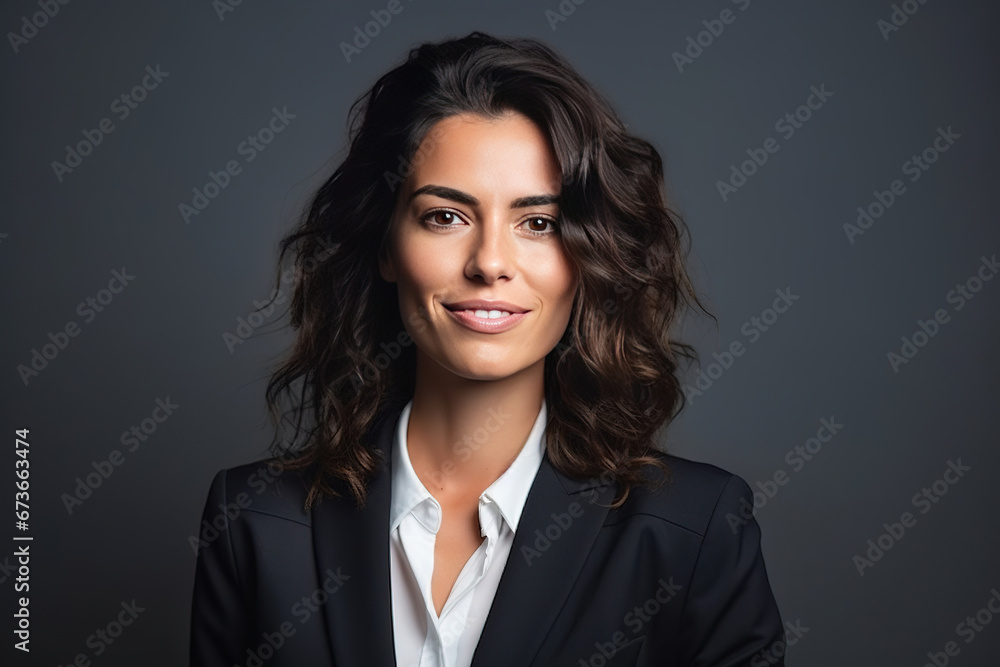 Portrait of happy woman looks in camera. Beautiful business woman professional in a suit at isolated background Portrait of happy woman looks in camera. Beautiful business woman professional in a suit at isolated background