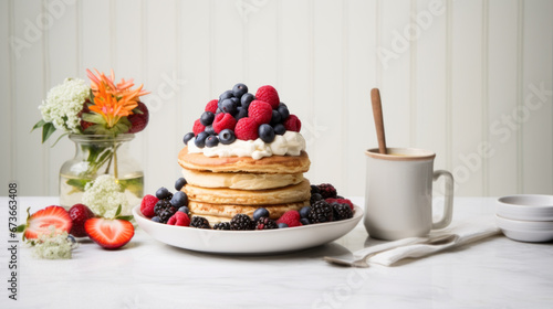 Pancakes with berries for breakfast on a modern kitchen