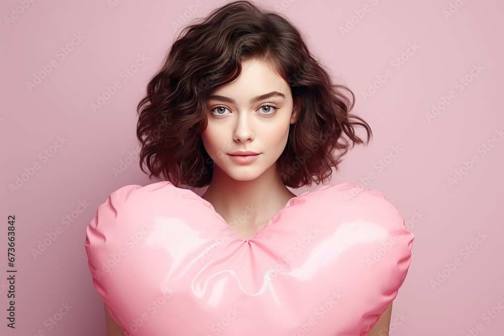 Portrait of a young beautiful, fashionable, romantic girl who has a big pink heart. Minimal Valentine's Day symbol of love. Portrait of a young beautiful, fashionable, romantic girl who has a big pink heart. Minimal Valentine's Day symbol of love.
