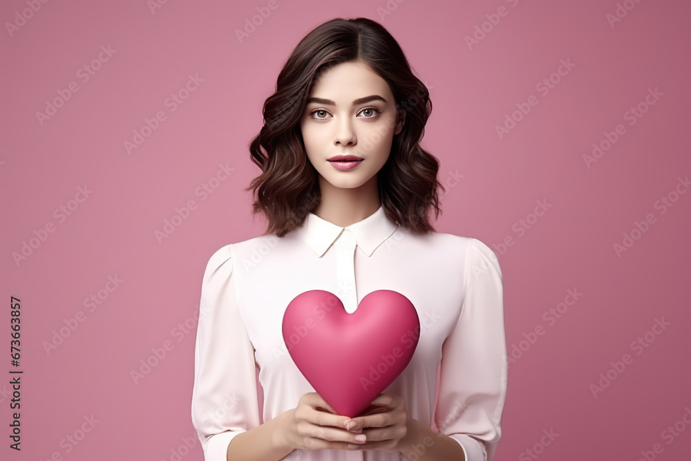 Portrait of a young beautiful, fashionable, romantic girl who has a big pink heart. Minimal Valentine's Day symbol of love. Portrait of a young beautiful, fashionable, romantic girl who has a big pink heart. Minimal Valentine's Day symbol of love.