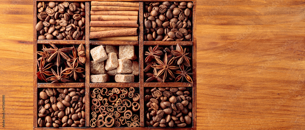 Coffee beans with spices and brown sugar. Coffee beans with spices and brown sugar.