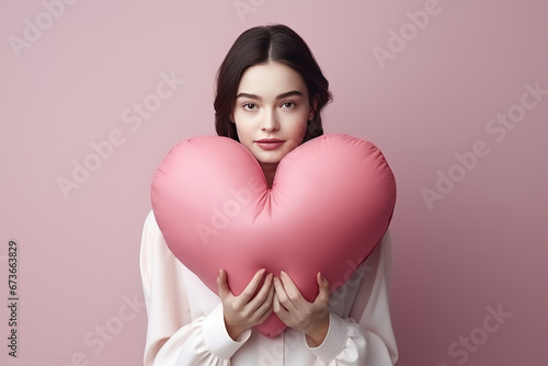 Portrait of a young beautiful, fashionable, romantic girl who has a big pink heart. Minimal Valentine's Day symbol of love.