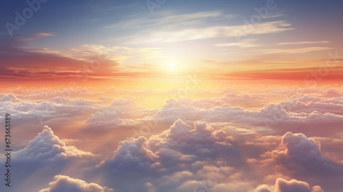 Beautiful sunset above the clouds. Aerial view