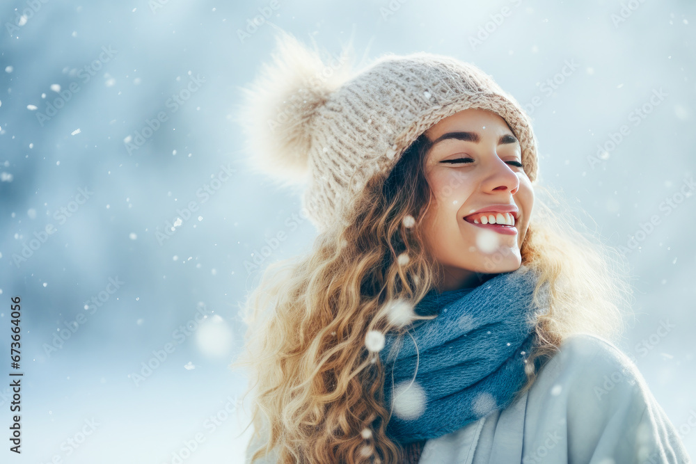 Fototapeta premium Smiling beautiful young blonde woman portrait with a wool hat on a white winter day snowing