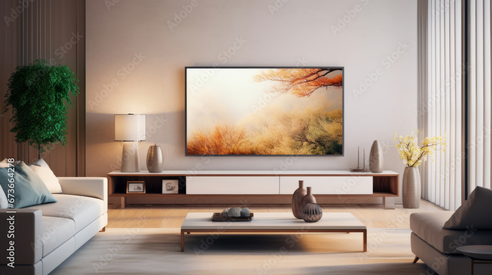 Big screen TV in the center of modern living room Big screen TV in the center of modern living room