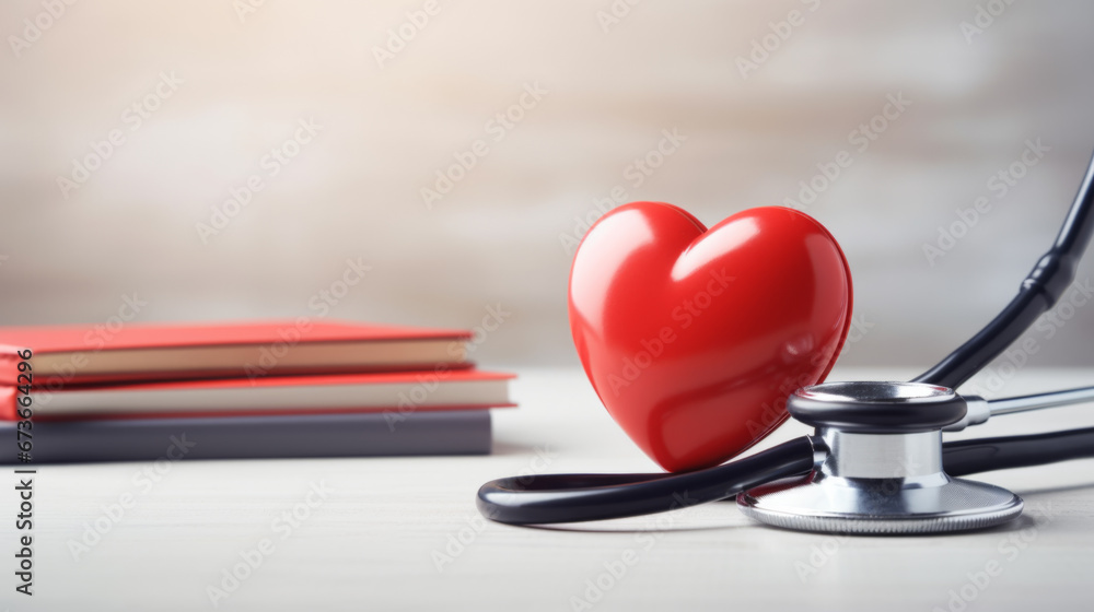 Stethoscope and red heart on table. Cardiology concept Stethoscope and red heart on table. Cardiology concept
