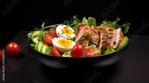 Healthy dinner. Buddha bowl lunch with grilled chicken, avocado, tometoes, eggs.