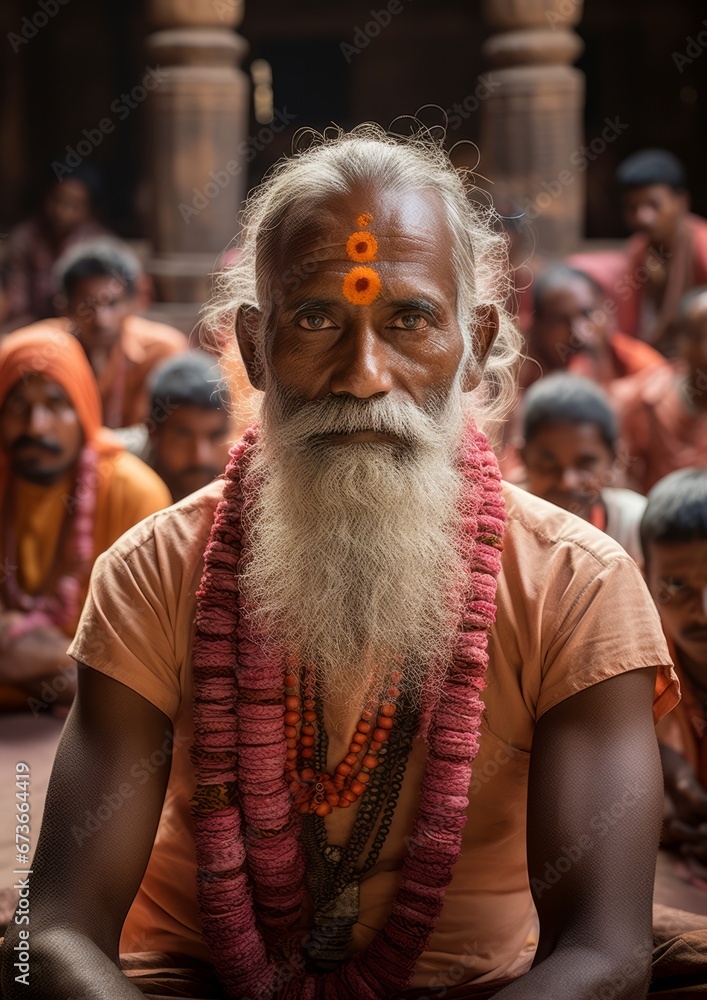 The Wise Sage Leading the Enlightened Disciples. An Indian man with a white beard and orange paint on his forehead. Indian Portrait at a Religious Ceremony.