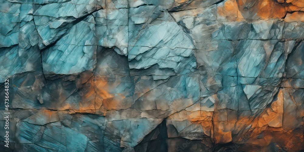 Fototapeta premium Orange and blue background, featuring a toned rock formation texture. This close-up view captures rocky cliff with a rough mountain surface.