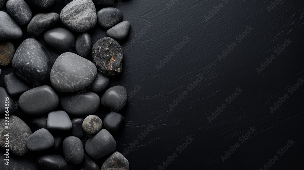 Fototapeta premium Top view. Bunch of black stones on the surface, copy space