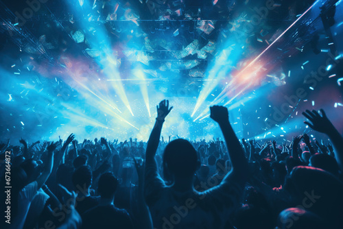 Live  rock concert  party  festival night club crowd cheering  stage lights and confetti falling. Cheering crowd. Blue lights.