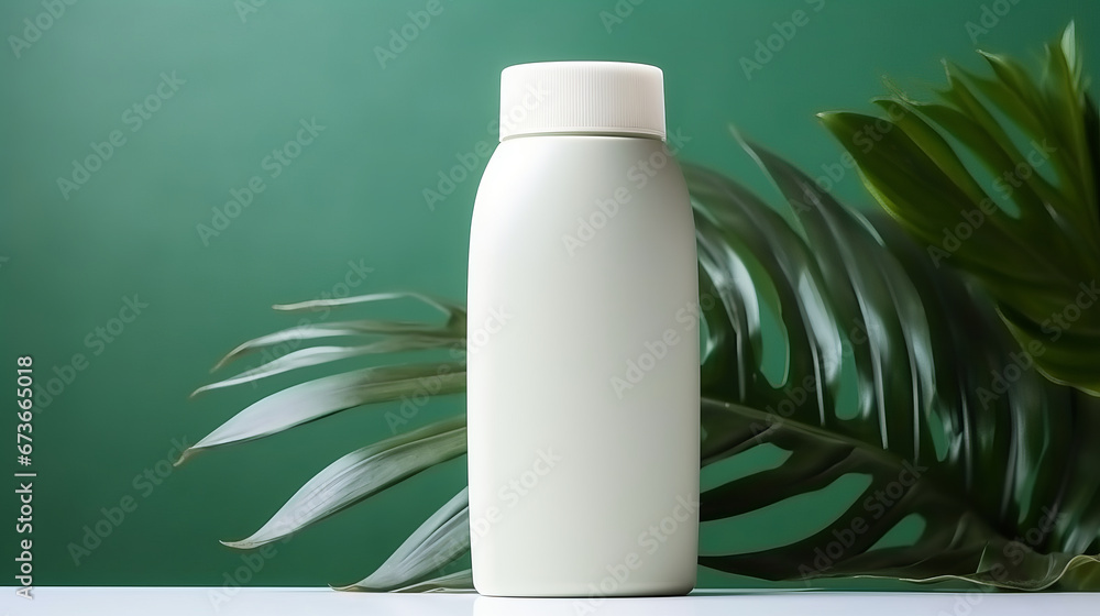 White plastic cosmetics container for cream against background with leaves White plastic cosmetics container for cream against background with leaves