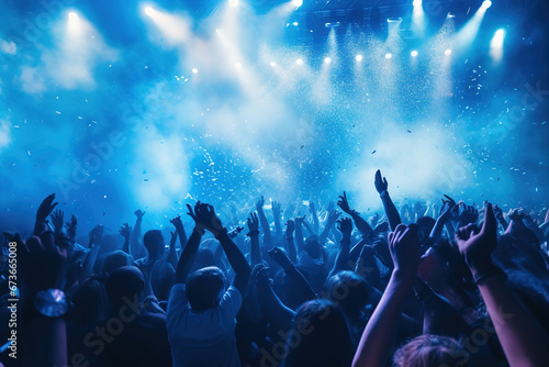 Live, rock concert, party, festival night club crowd cheering, stage lights and confetti falling. Cheering crowd. Blue lights.