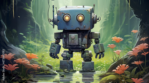 Robot in cartoon style is standing in the magical forest