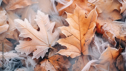 Frost covered closeup autumn leaves beautiful background. Cold weather frozen winter seasonal scene.