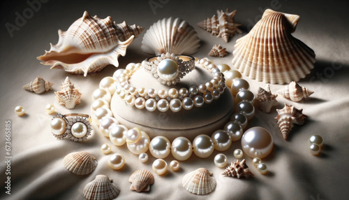 Maritime Elegance: A Classic Pearl Jewelry Set against a Seashell Backdrop