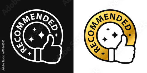 Recommended label badge isolated on white and black background. Thumb up icon, one line drawing, recommend golden circle, monoline. vector Illustration