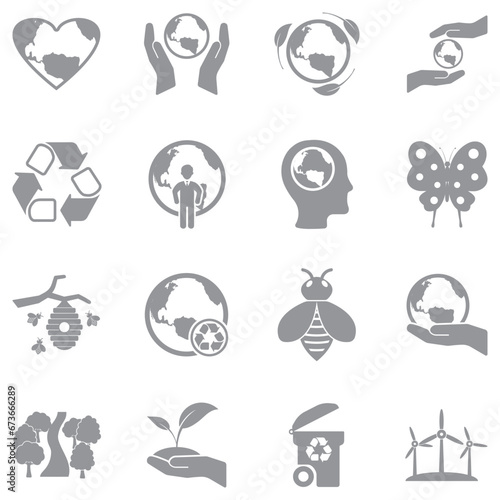Earth Day Icons. Gray Flat Design. Vector Illustration.