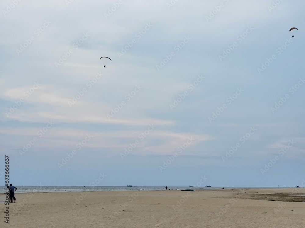 Puducherry, India - Oct 16 2023: Eden Beach - Blue flag Beach in Pondicherry. Puducherry, India - Oct 16 2023: Eden Beach - Blue flag Beach in Pondicherry.