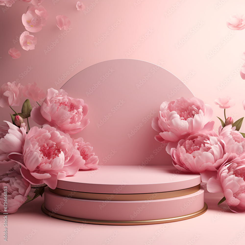 background with pink peonies. Beauty concept. Empty round pedestal. 3d. background with pink peonies. Beauty concept. Empty round pedestal. 3d.