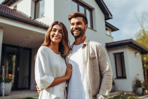 Happy young couple standing in front of new home - Husband and wife buying new house. Life style real estate concept.