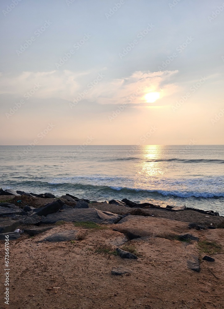 Puducherry, India - Oct 17 2023: Sun rise at Rock Beach in Pondicherry.