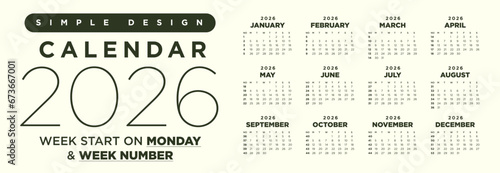 Simple modern calendar 2026 template, Week number, Week start in monday, Simple and minimal design