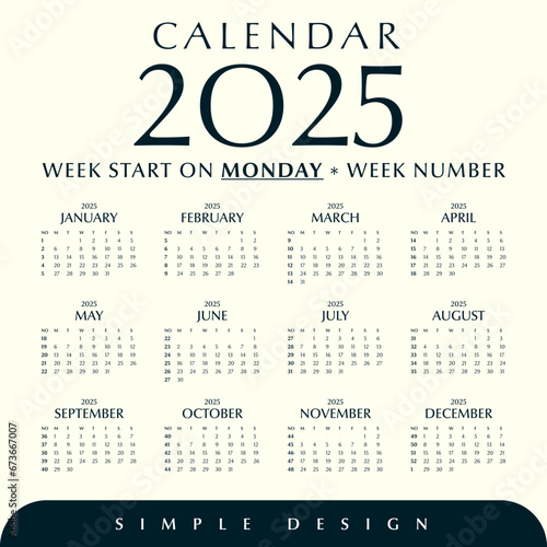 Simple calendar 2025 template, Week number, Week start in monday, Simple and minimal design