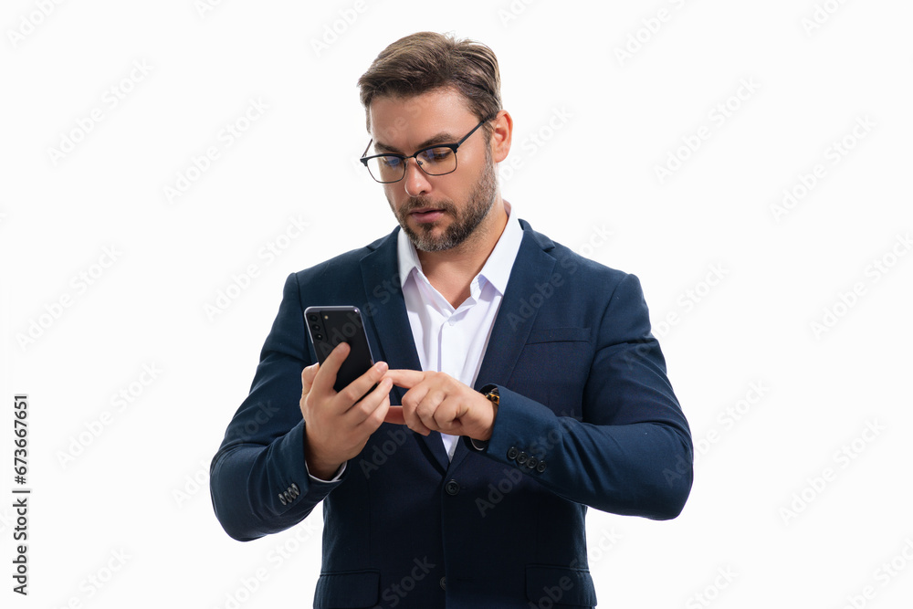 Business man in business suit using smart phone. Portrait attractive cheerful guy using phone, calling on mobile phone. Handsome businessman using smart phone, chatting in studio isolated background. Business man in business suit using smart phone. Portrait attractive cheerful guy using phone, calling on mobile phone. Handsome businessman using smart phone, chatting in studio isolated background.