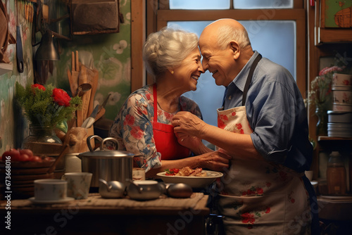 Happy elderly couple cooking dinner in the kitchen. Loving senior couple concept