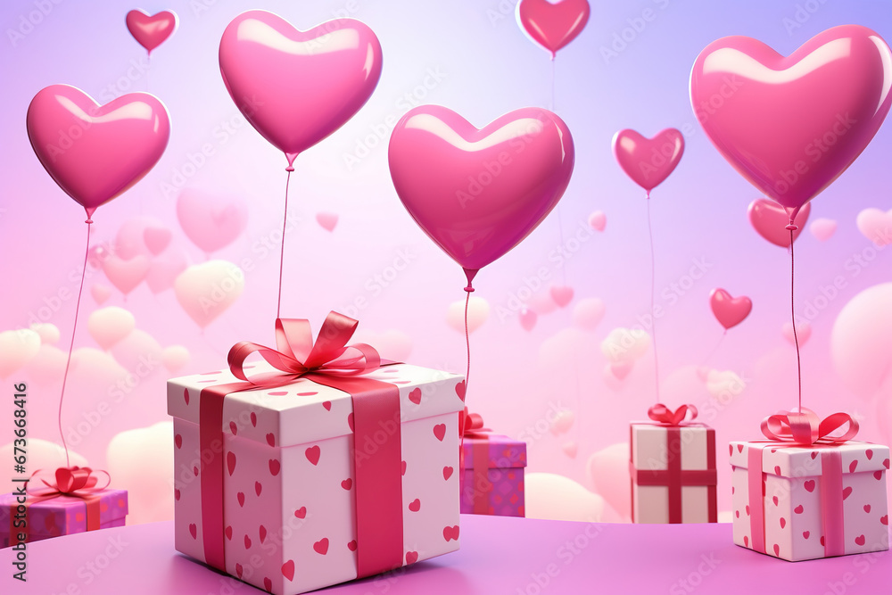 Happy birthday concept 3D heart shaped balloons flying with gift boxes on pink background. Love concept for Happy Mother's Day. Valentine's Day.