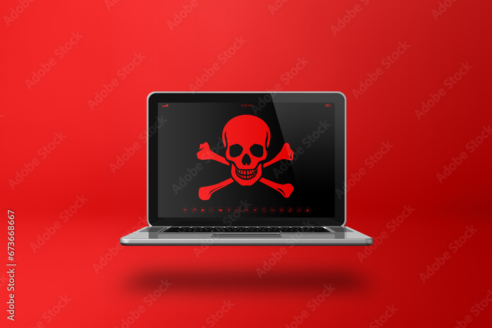 Laptop with a pirate symbol on screen. Hacking concept Laptop with a pirate symbol on screen. Hacking concept
