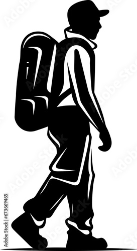 Backpacker silhouette icon in black color. Vector template for tattoo or laser cutting.