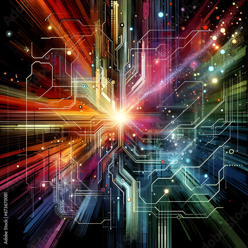 Abstract Cyber Technology Background - High-Tech Circuitry and Data Transmission Concept with Glowing Lights and Futuristic Elements