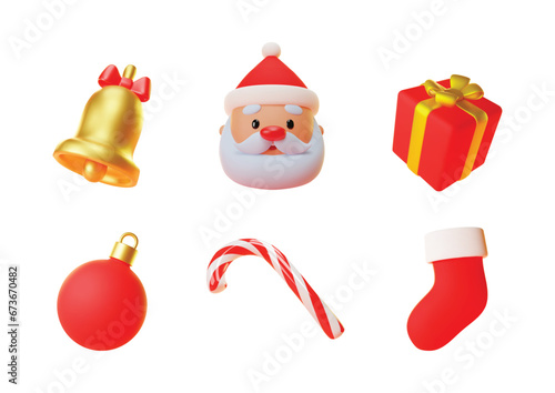 Set of 3d Christmas icons. Realistic illustration of a cute Santa Claus, a bell, a gift box, a Christmas decoration, a candy cane and a sock isolated on a white background. Vector 10 EPS.