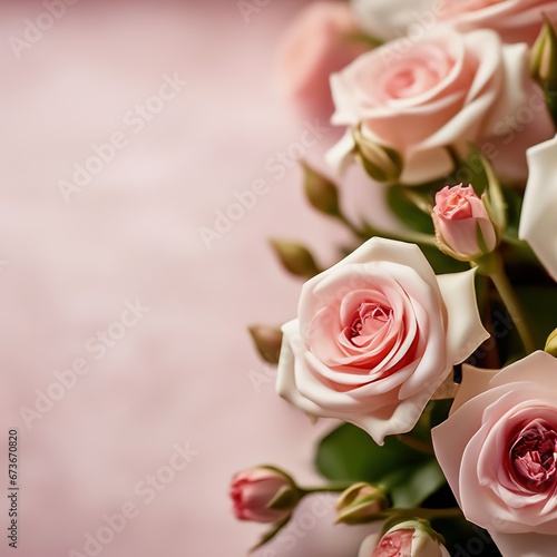 flower border. roses on a pink background. template for holiday card with place for text.