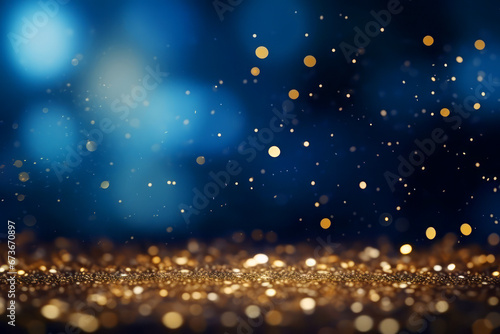 Golden abstract bokeh on blue background. Celebrating Christmas  New Year or other holidays.