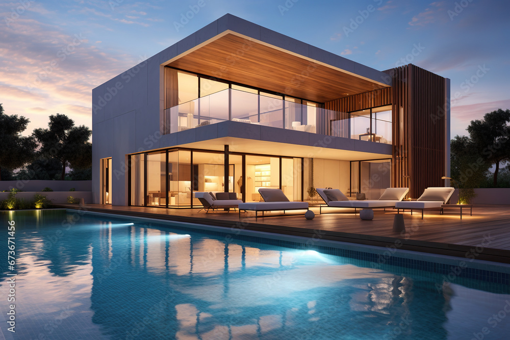 Fototapeta premium Exterior of modern minimalist cubic villa with swimming pool at sunset