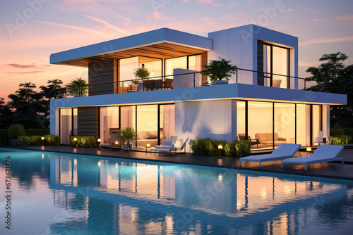 Exterior of modern minimalist cubic villa with swimming pool at sunset