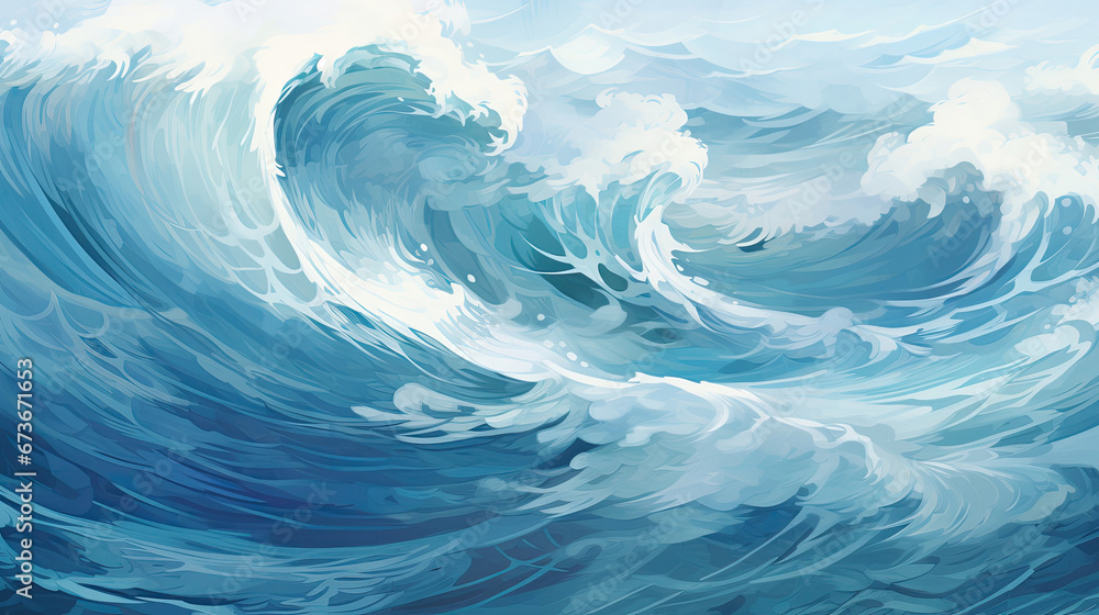 Nostalgic vintage charm in faded blue and teal ocean wave illustration.