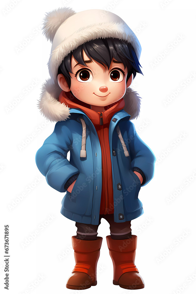 Cute Boy Dressed in Winter Clothes. Happy cartoon character. Realistic colorful isolated illustration on white background. Cute Boy Dressed in Winter Clothes. Happy cartoon character. Realistic colorful isolated illustration on white background.