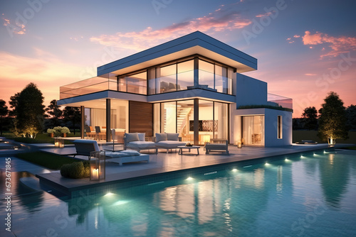 Exterior of modern minimalist cubic villa with swimming pool at sunset © arhendrix