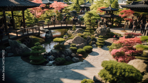Tranquil Japanese garden in bustling metropolis raked gravel paths and koi ponds.