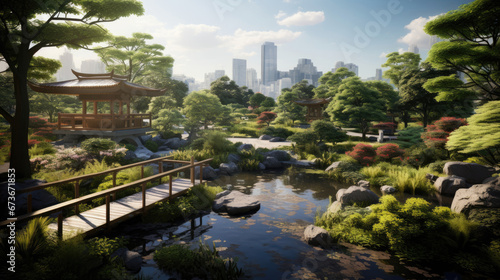 Bonsai trees and koi ponds in serene Japanese garden oasis.