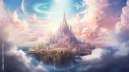 Ethereal city with spires and suspension bridges floating among clouds.