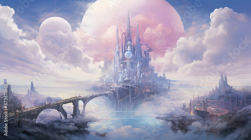 Surreal city floating among clouds towering spires and suspension bridges.