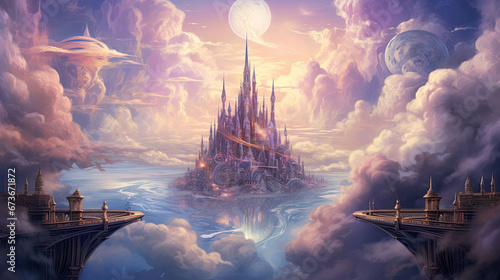 Towering spires and celestial backdrop in surreal floating city. © javier